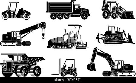 Construction machinery silhouettes. Excavator bulldozer crane heavy truck loader digger equipment vehicle machine industry black silhouette vector qualitative vector illustration original artwork Stock Vector