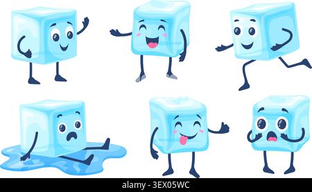 Ice cubes cartoon characters. Frozen water melt blocks, funny mascot cute emoji icy pieces happy face emotion freezy cold drink cool frosty icecube set neat vector illustration original artwork Stock Vector