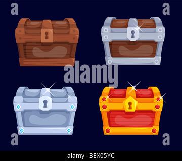 Game chest rank. Treasure chests level reward, old silver golden wooden box lock or open player award ui icon set fantasy pirate gaming loot gold coins kicky vector illustration original artwork Stock Vector