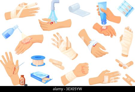 Injured hand first aid. Hands skin wound burn cut injury, bandage plaster dressing emergency care hospital treatment broken bleeding blood finger wrists neat vector illustration original artwork Stock Vector