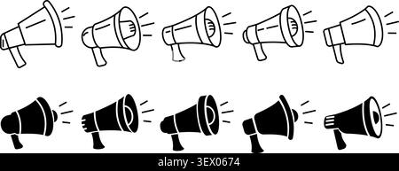 Loudspeaker icons. Megaphone logo pictogram, loud speaker announce bullhorn microphone marketing communication loudspeakers line icon shout speakerphone classy vector illustration original artwork Stock Vector