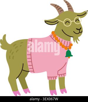 Funny goat in funky doodle style. Cartoon hipster animal wearing pink sweater and glasses, hand drawn vector design element Stock Vector