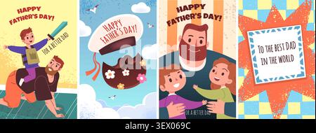 Fathers day cards. Happy dad greeting card, family love child parent hug daughter support kids care heart fatherhood present man childhood fun holiday classy vector illustration original artwork Stock Vector
