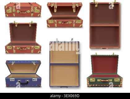 Open suitcase. Realistic briefcase, opened closed leather bag handle lock vintage classic suitcases travel trip case baggage tourist luggage 3d isolated garish vector illustration original artwork Stock Vector