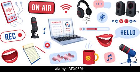Podcast tools. Microphone studio radio broadcast equipment, audio sound mic record icon online music talk show headset live web stream cartoon set qualitative vector illustration original artwork Stock Vector