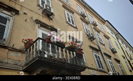 Facade of an old building with balcony and flowers in front of closed shutters on a summer day, Rijeka, Croatia Stock Photo