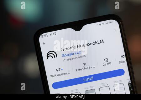 Dhaka, Bangladesh - 29 April, 2026: Google NotebookLM app page on Google Play Store on a smartphone screen Stock Photo