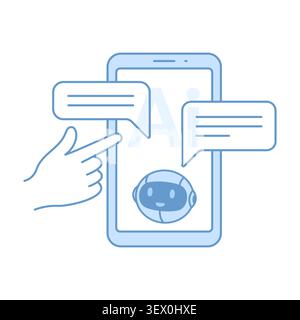 AI chatbot mobile app, hand touching smartphone Stock Vector