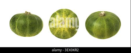 Set of small round green pumpkins isolated on white. Profile, top view Stock Photo