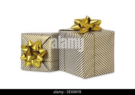Two wrapped in festive paper gift boxes with golden paper ribbon bows on white background Stock Photo