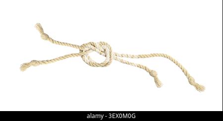 Beige cotton ropes with knot isolated on white Stock Photo