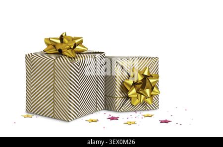 Two wrapped in festive paper gift boxes with paper ribbon bows on white background with pink and golden sequins Stock Photo