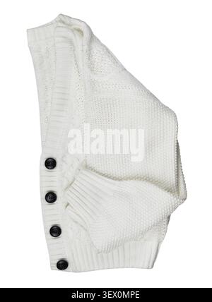 Folded white knitted cardigan with black buttons isolated on white. Flat lay. Top view Stock Photo