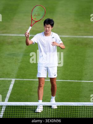 Michael Zheng of the United States celebrates victory following his match against Cameron Norrie of Great Britain during the Gentlemen's Singles on day one of the 2026 Wimbledon Championships at the All England Lawn Tennis and Croquet Club, London. Picture date: Monday June 29, 2026. Stock Photo