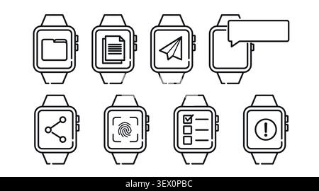 Set of 8 smartwatch device icons: minimalist black line smart watch vectors with office file folder, secure fingerprint, and mobile chat screens, outl Stock Vector