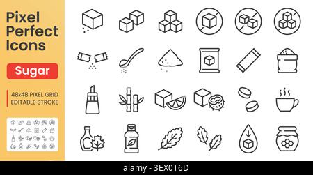 Sugar line icon set. Sweeteners - cane, powder stick, xylitol, stevia, maple syrup, sweet food package linear minimal vector illustration. Simple Stock Vector