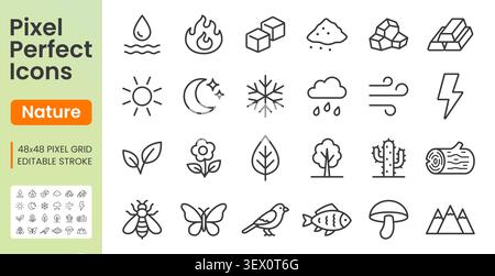 Nature elements line icon set. Summer season, ice cube, tree wood, flower, moon, water, fire, insects linear minimal vector illustration. Simple Stock Vector