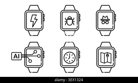 Set of 6 smartwatch device icons: minimalist black line smart watch vectors with artificial intelligence, cyber security, and GPS map navigation scree Stock Vector