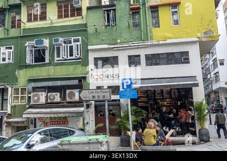 Corks Wine & Bar located at 205C Hollywood Road in the Sheung Wan area of Hong Kong.It is a French-style wine bar Stock Photo