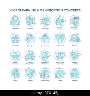 Microlearning and gamification soft blue concept icons Stock Vector