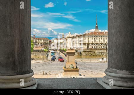 Turin cityscape with Mole Antonelliana framed by columns of Gran Madre di Dio church in Turin, Italy Stock Photo