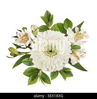 White flowers of gerbera and alstroemeria with green decorative leaves in a floral arrangement isolated on white Stock Photo