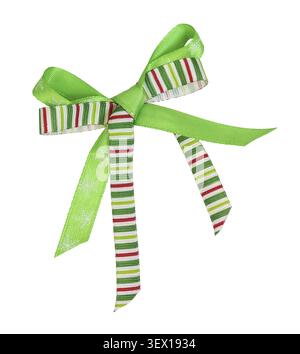 Green and striped festive Christmas ribbon bow isolated on white Stock Photo