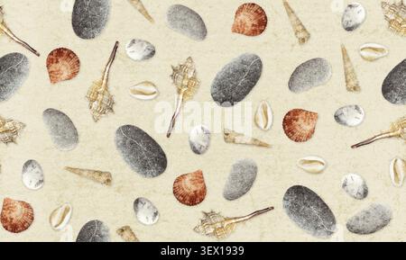 Seamless pattern with different seashells and sea stones on beige background Stock Photo