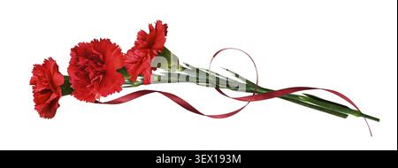 Three red carnation flowers in a bouquet with waved satin ribbon isolated on white Stock Photo