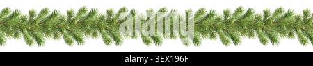 Seamless pattern of Christmas garland from green pine twigs isolated on white. Holiday decor Stock Photo