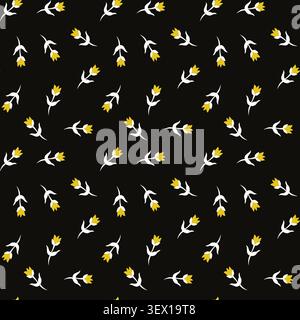Minimalist ditsy floral seamless pattern with yellow and white flowers on black Stock Vector