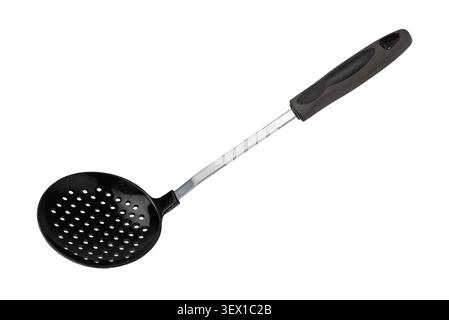 Professional kitchen skimmer slotted spoon made of heat-resistant black nylon and a durable stainless steel shaft with an ergonomic gray plastic grip Stock Photo
