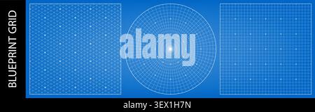 Graph paper square pattern, circular compass grid and isometric drawing bg. Ruler guides for vector radar graph, math layout texture. Blue radial Stock Vector