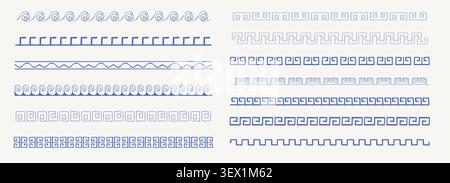 Greek Key Rectangle Border set, doodle ethnic ornament. Greek motives divider. Collection traditional Greek geometric pattern hand drawn. . Vector illustration Stock Vector