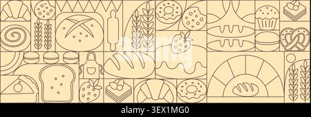 Bread and pastries background. Abstract bakery menu background with line drawing. Geometric pattern bread, croissant, donut. Bakery line pattern. Geometric food pattern. Stock Vector