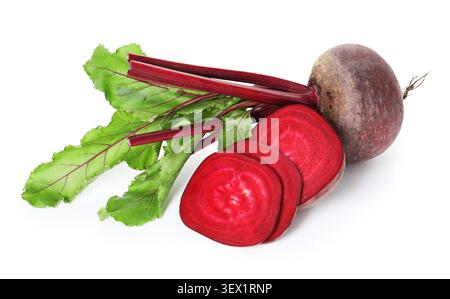 Whole and cut young beets with green leaves isolated on white Stock Photo