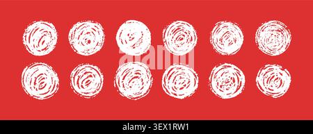 Brush sun rough. White circular stamp with grunge distress on red background. Splatter texture for abstract asian design element. Vector illustration Stock Vector