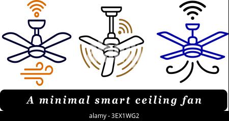 Smart Ceiling Fan Outline Icon Set with Wireless WiFi Control Stock Vector