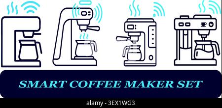 Minimal Smart Coffee Maker Line Icon Collection with Wireless WiFi Features Stock Vector