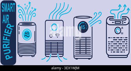 An illustration showcasing various smart air purifiers with different designs and features, demonstrating air purification and smart home connectivity Stock Vector