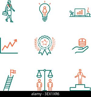 Female business career and corporate success line vector icons Stock Vector