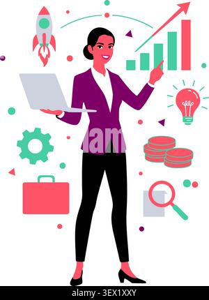 Businesswoman with laptop showing growth charts and innovation icons Stock Vector