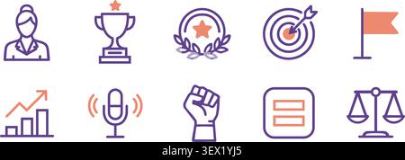 Female empowerment and business success outline vector icon set Stock Vector