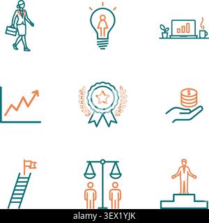 Female business career and corporate success line vector icons Stock Vector