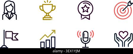 Female business leadership and success outline vector icon set Stock Vector