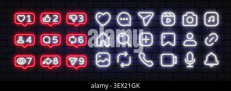 Neon social media icon set with red notification bubbles and white glowing symbols for like, chat, camera, home, search, bell and more. UI kit for app Stock Vector