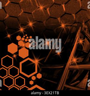 Futuristic Orange Hexagon Background with Glowing Light Effects Stock Vector