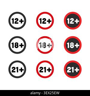 Age Limit Warning Signs 12+ 18+ 21+ Vector Collection Stock Vector