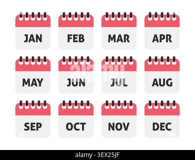 Full Year 12 Months Red Calendar Icons Set Vector Stock Vector