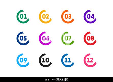 Colorful Numbered Bullet Points 1 to 12 Vector Set Stock Vector